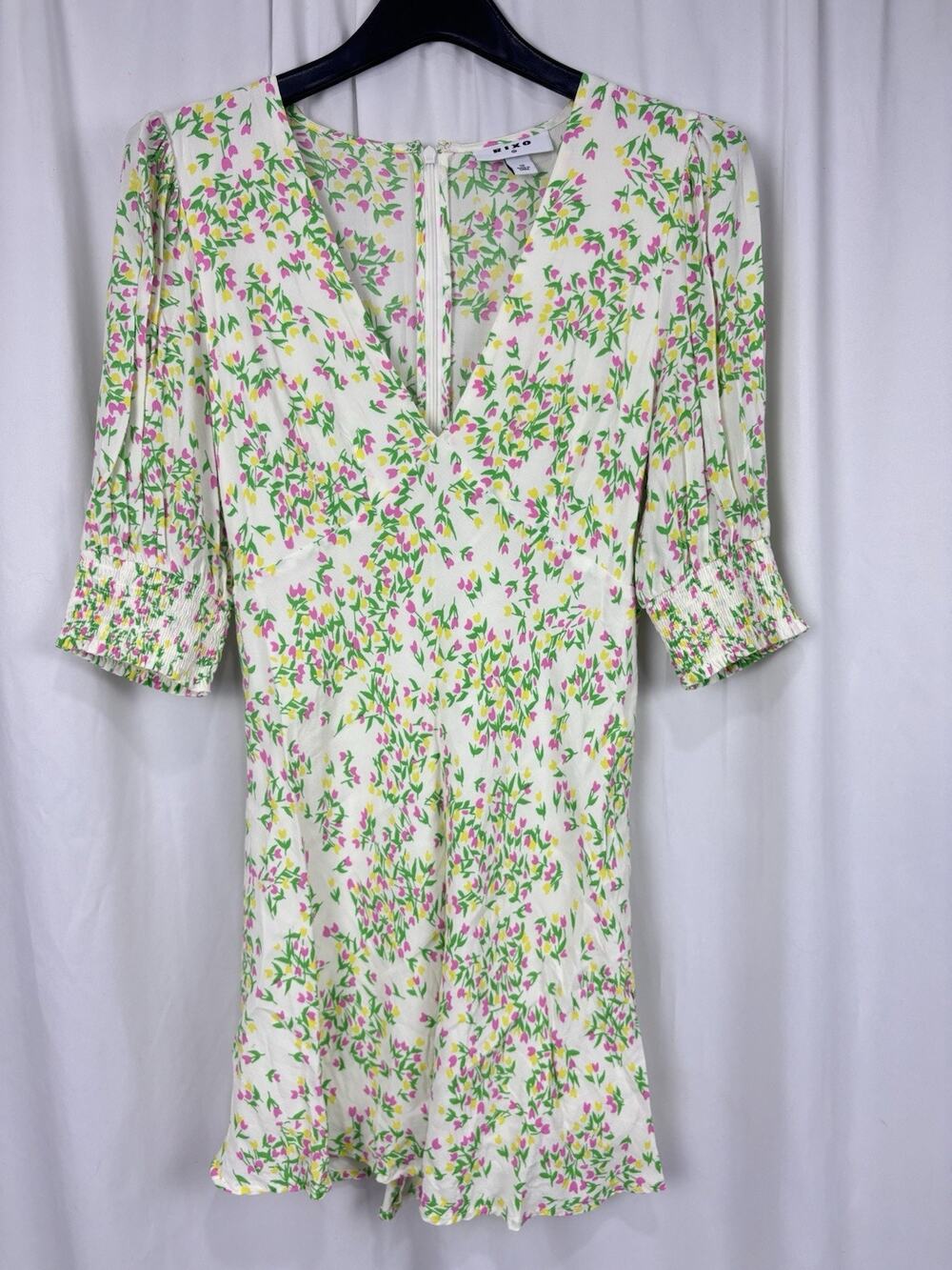 RIXO Target Puff Sleeve Mini Dress White Green Pink Floral V Neck Cottage XS
